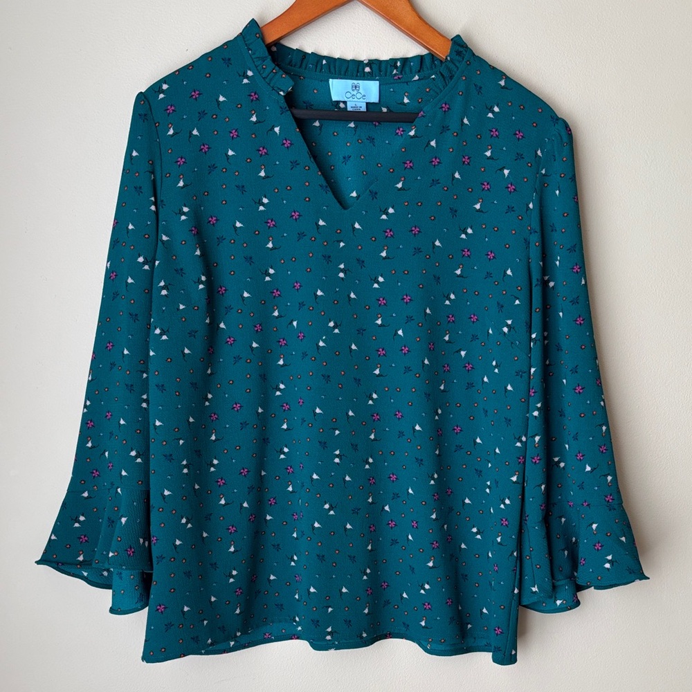 CeCe Teal and Purple Floral Blouse Large